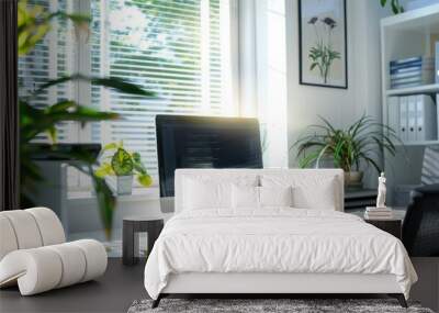 A bright and airy home office workspace with a computer, plants, and natural light streaming in from a window. Wall mural