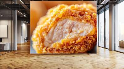 A close-up image of a crispy fried chicken nugget with a visible bite taken out, revealing the juicy meat within. Wall mural