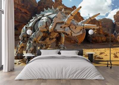 A robotic dinosaur stands in a desert landscape. Wall mural