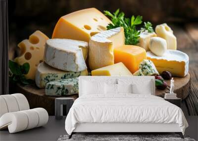 A variety of cheeses on a wooden cutting board, including cheddar, brie, blue cheese, and mozzarella. Wall mural