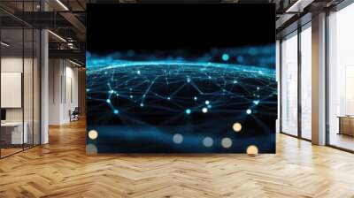 Abstract blue digital network with glowing dots on black background. Wall mural