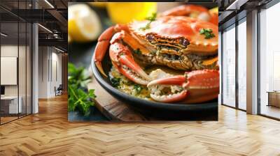 Close-up of a cooked crab in a black bowl with lemon slices and parsley. Wall mural