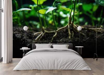 Close-up of green plant stems and roots in dark soil. Wall mural