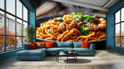 Close-up of steaming noodles with meat, sesame seeds, and cilantro in a black bowl. Wall mural