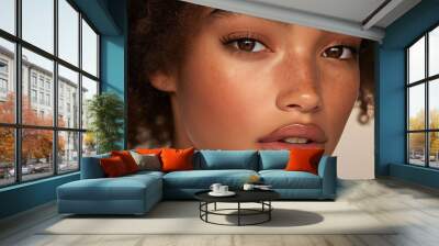 Close-up portrait of a woman with brown eyes, freckles, and full lips. Wall mural