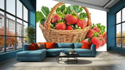 Fresh Ripe Strawberries in a Wicker Basket with Green Leaves Wall mural