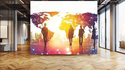 Silhouettes of business people standing in front of a world map with a glowing network. Wall mural