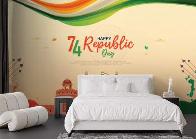 Happy republic day India wishing, greeting banner or poster with red fort background design vector illustration Wall mural