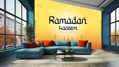 Ramadan Kareem wishing or greeting banner Ramzan Islamic yellow background design with mosque, lamp, dates, social media banner, poster vector illustration Wall mural