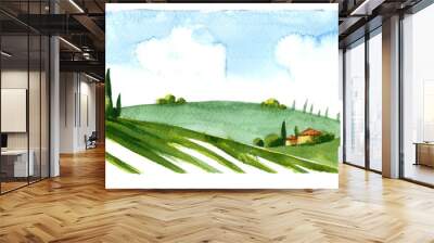 Watercolor illustration of small village in Europe. Alpine landscape Wall mural