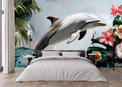 A lively dolphin jumps out of the ocean near tropical flowers and lush greenery, capturing the essence of a vibrant coastal paradise. Wall mural