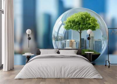 A miniature city enclosed in a glass sphere with a lush green tree. Wall mural