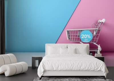 A sleek shopping cart stands against a vibrant backdrop, featuring a 20% off sale tag. Ideal for marketing themes related to retail and promotions. Wall mural