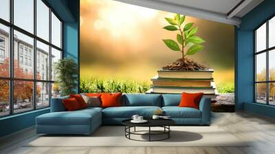 A small plant growing on stacked books symbolizing knowledge and growth in a natural setting. Wall mural