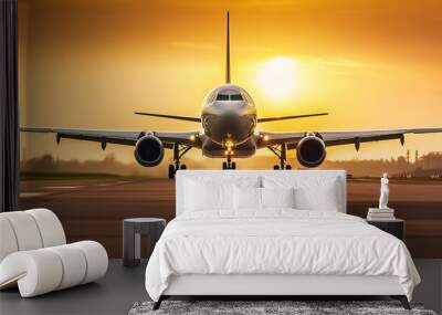 Airplane landing on airport runway with sunset Wall mural