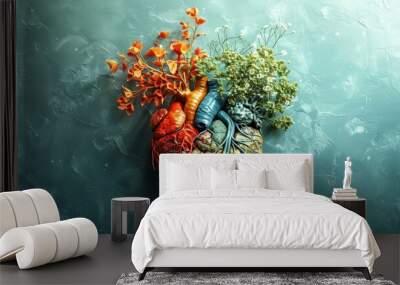 Artistic representation of a human heart with vibrant flowers, symbolizing the connection between nature and life. Wall mural