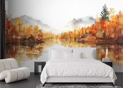 Autumn landscape watercolor painting with vibrant fall foliage and serene lake reflection, perfect for seasonal decor and nature-inspired designs. Wall mural