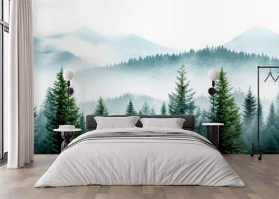 Beautiful misty forest landscape with pine trees and distant mountains shrouded in fog, creating a serene and tranquil natural scene. Wall mural