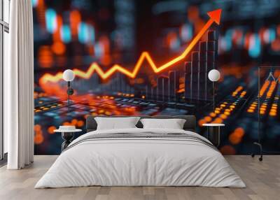 Business graph with glowing orange arrow going up. Wall mural