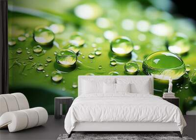 Closeup of water drops on green leaves Wall mural