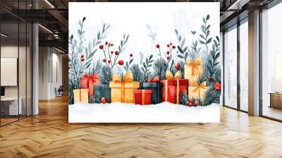 Colorful Christmas gifts surrounded by festive foliage on a white background. Wall mural