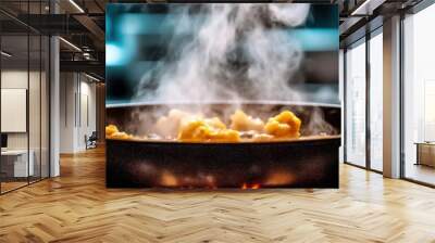 Delicious dish cooking in pan with steam, vibrant kitchen atmosphere. Wall mural