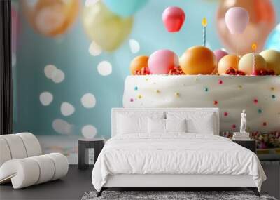 Festive birthday cake with colorful balloons and sprinkles creating a joyful celebration atmosphere. Wall mural