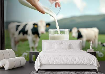 Fresh milk being poured into a glass on a grassy field with cows in the background, showcasing farm life and dairy production in a natural setting. Wall mural