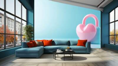 Heart-shaped pink padlock on a blue background, symbolizing love and security. Wall mural