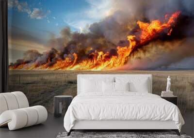 Massive wildfire burning across arid grassland under a dramatic sky, creating a powerful and impactful natural disaster scene. Wall mural