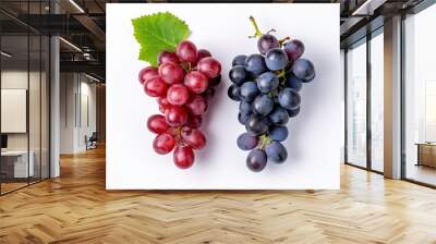 Red and blue grapes with leaves isolated on white background.Generative Ai. Wall mural