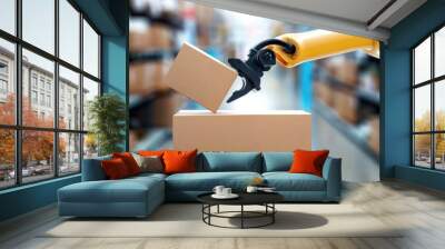 Robotic arm lifting a cardboard box in a warehouse setting, showcasing modern automation, logistics, and technology advancements. Wall mural