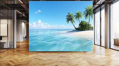 Serene tropical island with palm trees and crystal-clear turquoise water under a bright blue sky, ideal for travel and vacation stock images. Wall mural