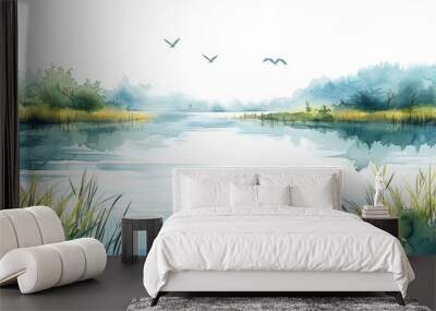 Serene watercolor painting of a calm lake with distant trees, lush grass, and birds flying in the sky, creating a peaceful natural scene. Wall mural