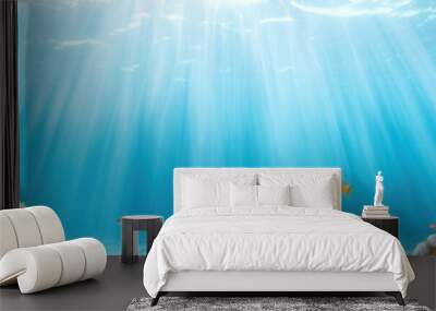 Stunning underwater scene featuring vibrant coral reefs and marine life bathed in sunlight beams. Perfect for ocean and nature themes. Wall mural