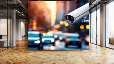 Surveillance camera monitoring urban traffic during sunset. Wall mural