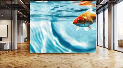 Vibrant goldfish swimming underwater with reflections and ripples, showcasing aquatic life in a clear, pristine environment. Wall mural