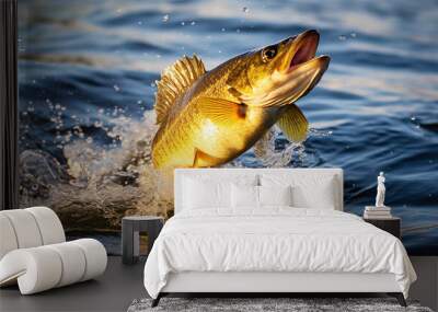 Walleye fish jumping out of river water Wall mural