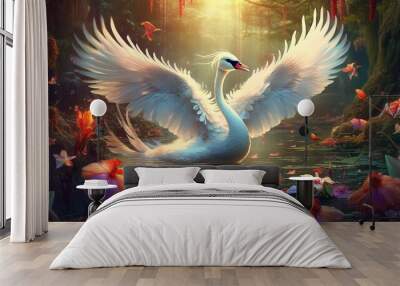 White swan beautiful wings in fantasy forest.Generative Ai. Wall mural