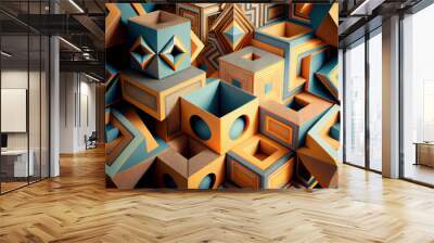 3D geometric figures, parametric patterns, seamless, kaleidoscope, created with Generative AI technology Wall mural