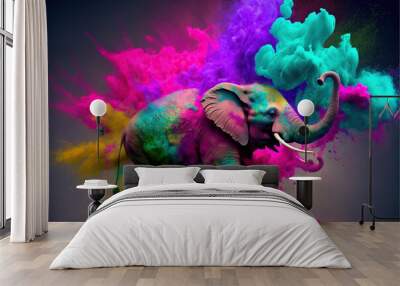 Elephant Happy Holi colorful background. Festival of colors, colorful rainbow holi paint color powder explosion isolated white wide panorama background. Wall mural