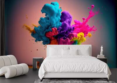 Happy Holi colorful background. Festival of colors, colorful rainbow holi paint color powder explosion isolated white wide panorama background. Wall mural