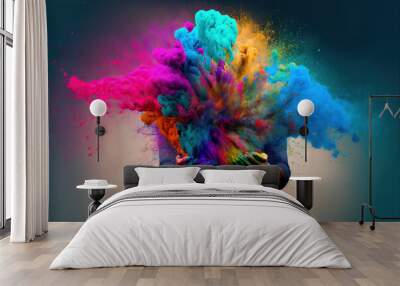 People Happy Holi colorful background. Festival of colors, colorful rainbow holi paint color powder explosion isolated white wide panorama background. Wall mural