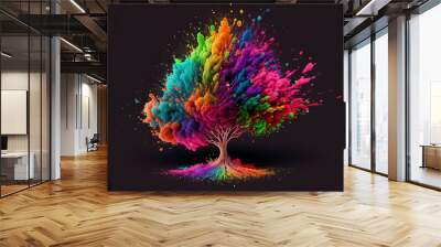 Tree Happy Holi colorful background. Festival of colors, colorful rainbow holi paint color powder explosion isolated white wide panorama background. Wall mural