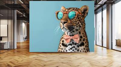 A leopard with distinctive spots sports stylish sunglasses and a bow tie, radiating a playful yet sophisticated vibe against a soft blue background, capturing a whimsical moment Wall mural