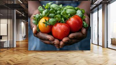 A person holds ripe tomatoes in red and yellow colors, accompanied by lush green basil. The fresh produce exhibits moisture, showcasing recent harvest under natural light Wall mural