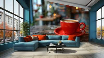 A vibrant red coffee cup rests on a rustic wooden table, filled with creamy latte art, surrounded by a warm cafe atmosphere. The background features soft lighting and inviting decorations Wall mural