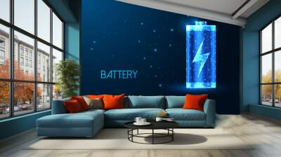 Abstract battery with charging symbol of in futuristic glowing low polygonal style on dark blue  Wall mural