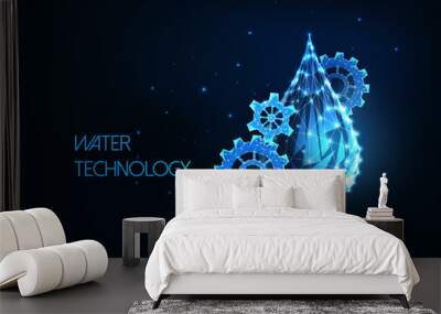 Abstract water technology, plumbing service concept with glowing low poly drop and gears, cogwheels  Wall mural