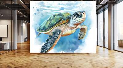 Aqua green sea turtle underwater in the ocean. Watercolor illustration. Wall mural